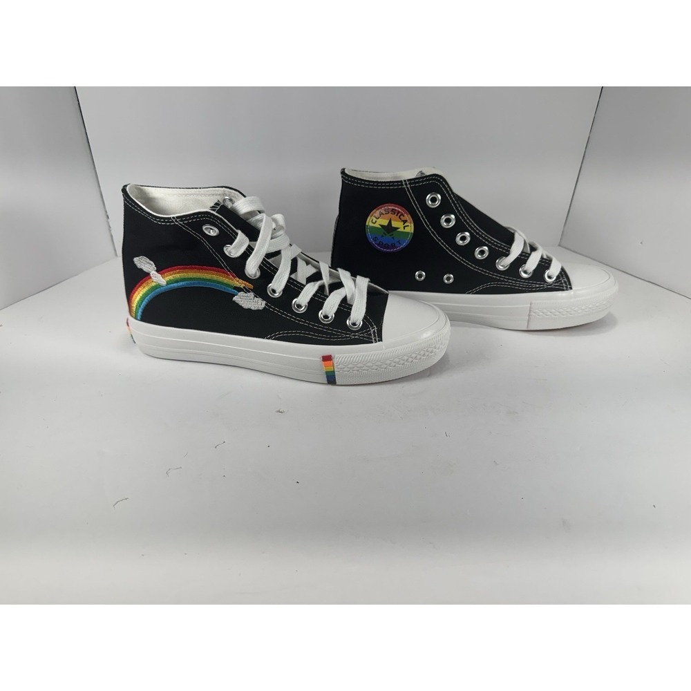 Girls Rainbow High Top Canvas Sneakers Size 39 White Pride Casual Shoes NEW